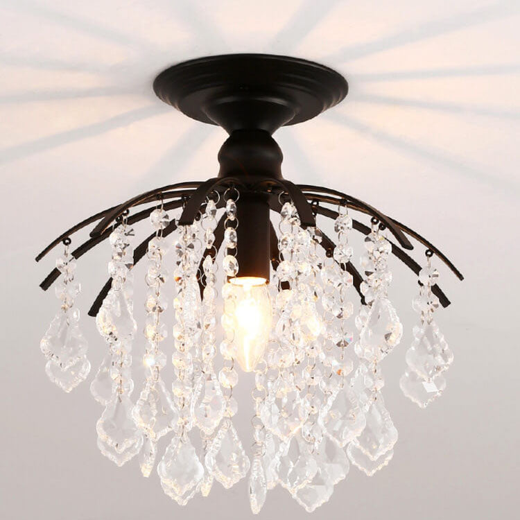Modern Luxury Round Iron Crystal 1-Light Semi-Flush Mount Ceiling Light For Living Room