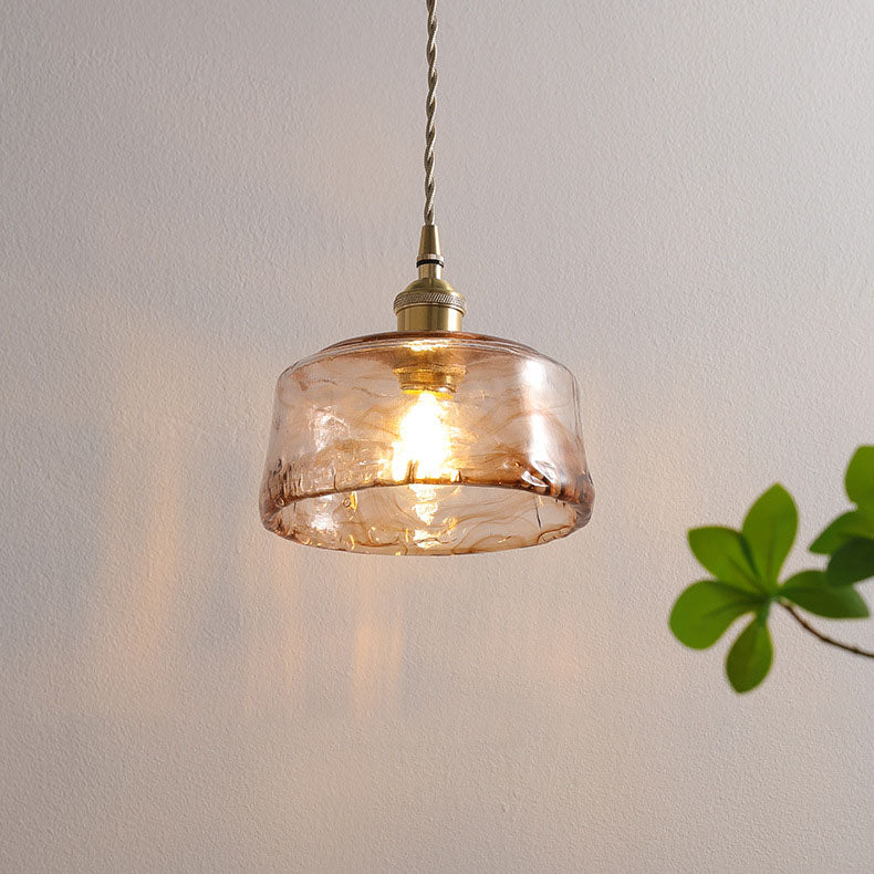 Traditional Vintage Amber Drum Round Glass Brass 1-Light Pendant Light For Living Room