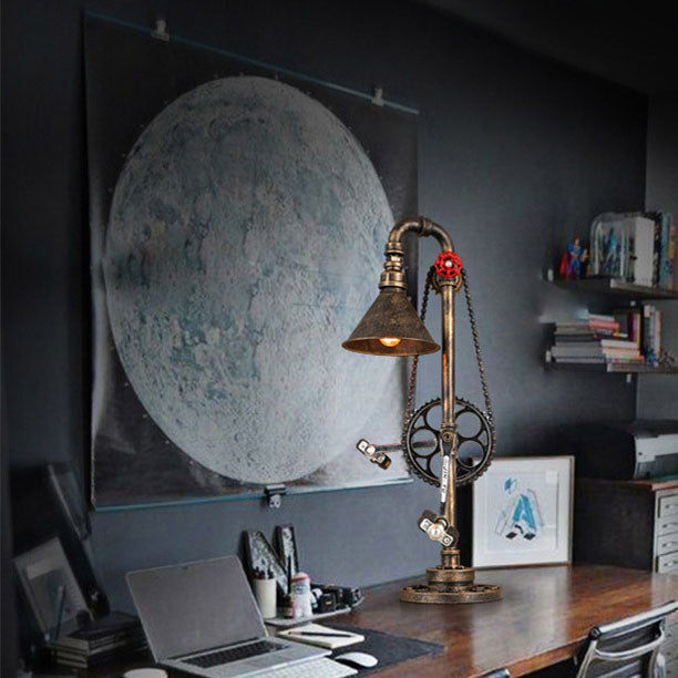 Contemporary Industrial Iron Gear Plumbing Metal 1-Light Table Lamp For Bedroom