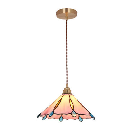 Vintage Tiffany Stained Glass Umbrella Shape 1-Light Pendant Light