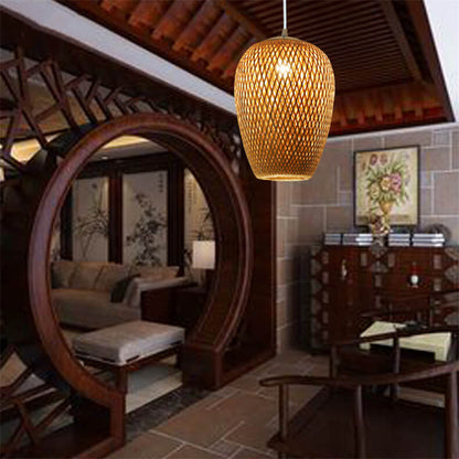 Traditional Vintage Bamboo Metal Weaving Round 1-Light Pendant Light for Living Room