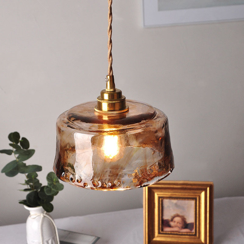 Traditional Vintage Amber Drum Round Glass Brass 1-Light Pendant Light For Living Room