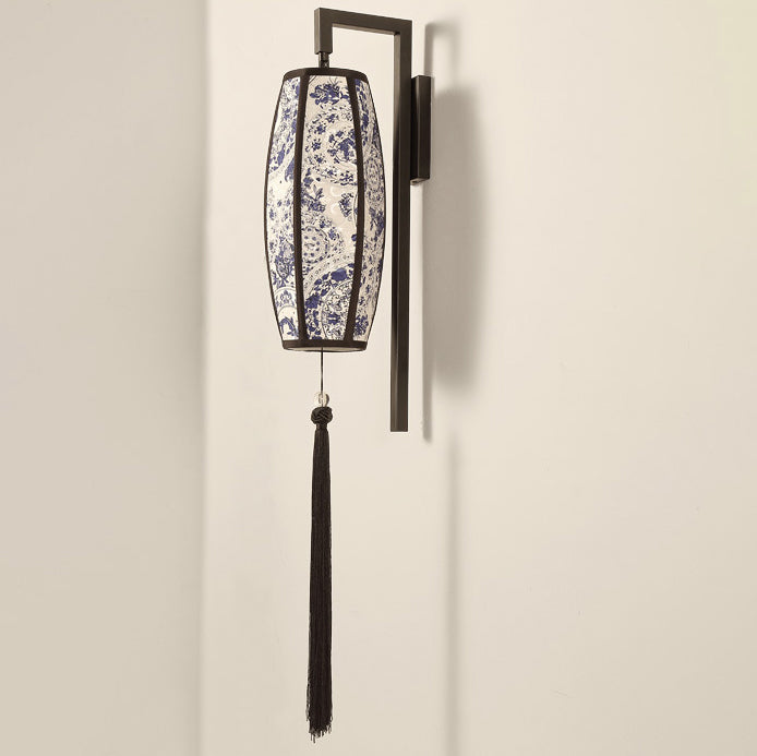 Traditional Chinese Painted Fabric Lantern Tassel 1-Light Wall Sconce Lamp For Hallway