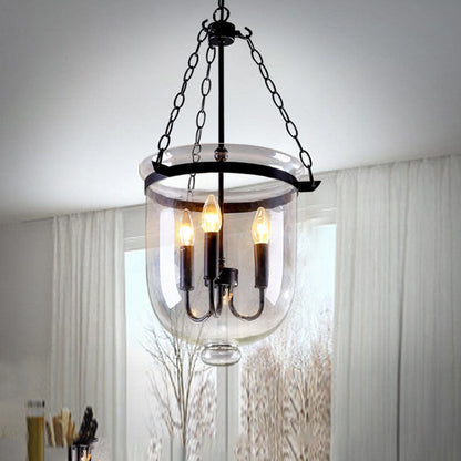 Traditional Rustic Round Glass Bucket Iron Candelabra 3-Light Chandelier For Living Room