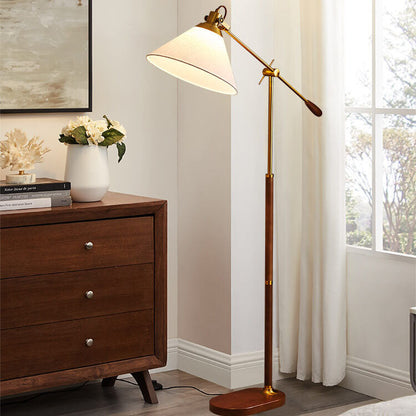 Traditional Vintage Fabric Cone Metal Ash Wood 1-Light Standing Floor Lamp For Bedroom