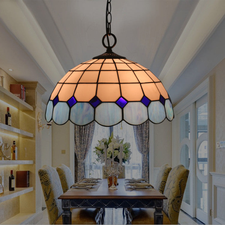 Traditional Tiffany Gemstone Stained Glass Iron Dome 3-Light Pendant Light For Living Room