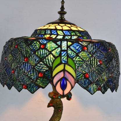Traditional Tiffany Peacock Gem Dome Glass Resin 1-Light Table Lamp For Living Room & Bedroom