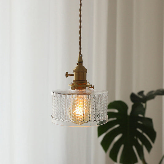 Contemporary Nordic Brass Iron Glass Clear Round Drum Copper 1-Light Pendant Light For Living Room & Bedroom
