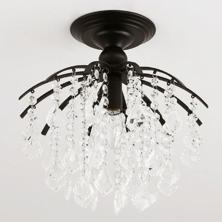 Modern Luxury Round Iron Crystal 1-Light Semi-Flush Mount Ceiling Light For Living Room