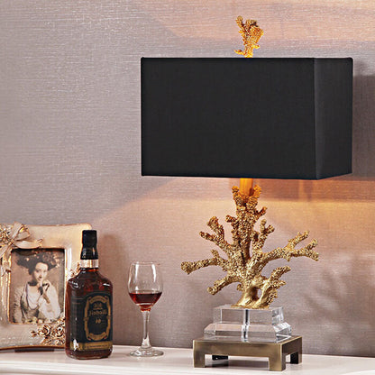 Modern Art Deco Linen Resin Crystal Coral Base 1-Light Table Lamp For Bedroom