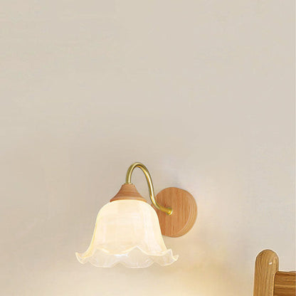 Contemporary Nordic Iron Glass Striped Round Log Wood 1-Light Wall Sconce Lamp For Living Room & Bedroom