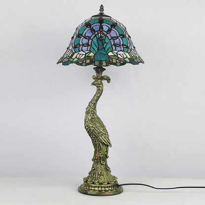 Traditional Tiffany Peacock Gem Dome Glass Resin 1-Light Table Lamp For Living Room & Bedroom