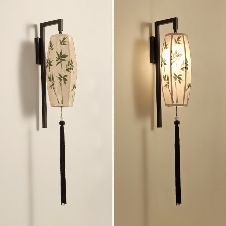 Traditional Chinese Painted Fabric Lantern Tassel 1-Light Wall Sconce Lamp For Hallway