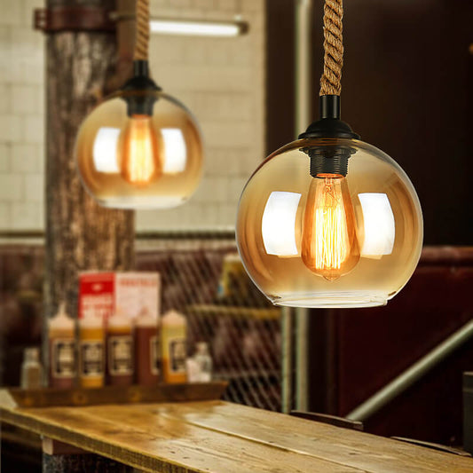 Traditional Vintage Glass Metal Rope Hanging Round 1-Light Pendant Light for Living Room