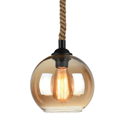 Traditional Vintage Glass Metal Rope Hanging Round 1-Light Pendant Light for Living Room