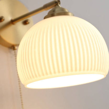 Contemporary Nordic Striped White Glass Brass 1-Light Pull Cord Wall Sconce Lamp For Bedroom