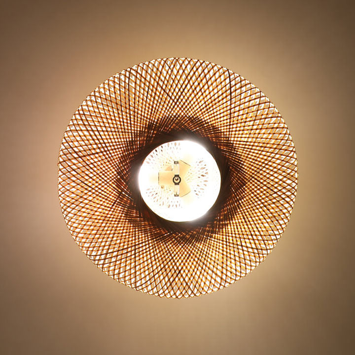 Traditional Japanese Round Bamboo Weaving Flying Saucer 3-Light Semi-Flush Mount Light For Bedroom