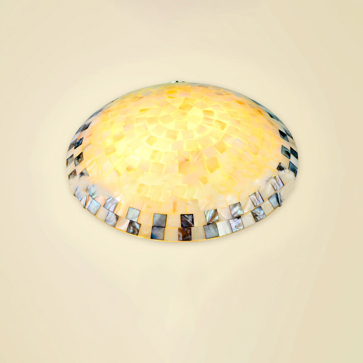 Traditional Tiffany Mediterranean Mosaic Shell Round LED Flush Mount Ceiling Light For Living Room