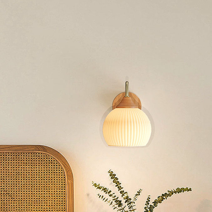 Contemporary Nordic Iron Glass Striped Round Log Wood 1-Light Wall Sconce Lamp For Living Room & Bedroom