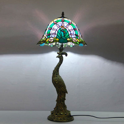 Traditional Tiffany Peacock Gem Dome Glass Resin 1-Light Table Lamp For Living Room & Bedroom