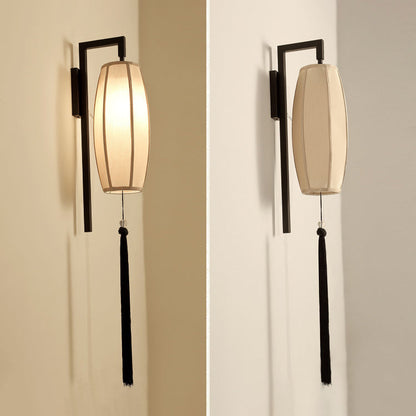 Traditional Chinese Painted Fabric Lantern Tassel 1-Light Wall Sconce Lamp For Hallway
