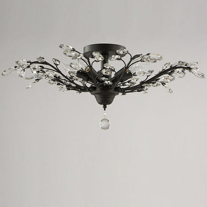 Traditional European Branch Iron Crystal 4/5/6 Light Semi-Flush Mount Ceiling Light For Living Room