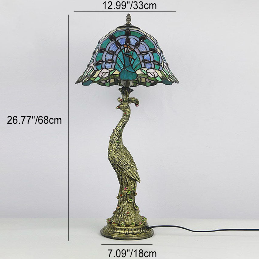 Traditional Tiffany Peacock Gem Dome Glass Resin 1-Light Table Lamp For Living Room & Bedroom