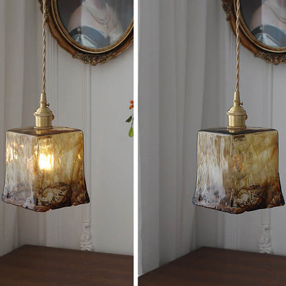 Modern Eclectic Amber Brass Glass Geometric Jar 1-Light Pendant Light For Living Room