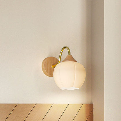 Contemporary Nordic Iron Glass Striped Round Log Wood 1-Light Wall Sconce Lamp For Living Room & Bedroom