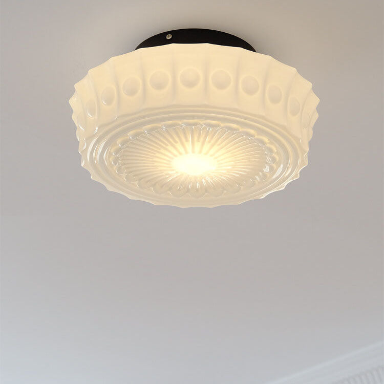Traditional French Iron Glass Stripes Round Drum LED Semi-Flush Mount Ceiling Light For Living Room & Bedroom