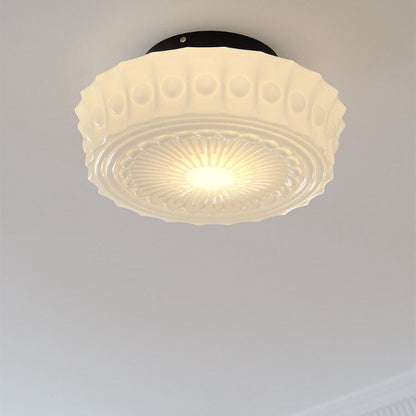 Traditional French Iron Glass Stripes Round Drum LED Semi-Flush Mount Ceiling Light For Living Room & Bedroom