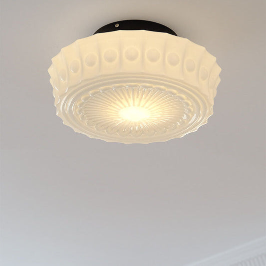 Traditional French Iron Glass Stripes Round Drum LED Semi-Flush Mount Ceiling Light For Living Room & Bedroom
