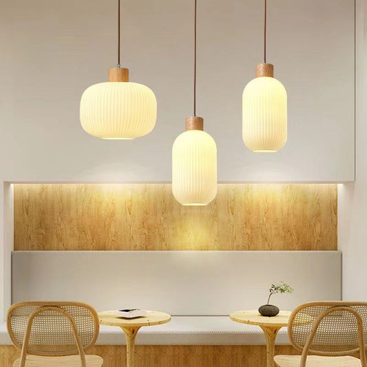 Traditional Japanese Log Solid Wood Strip Glass Jar 1/2/3 Light Island Pendant Light For Living Room