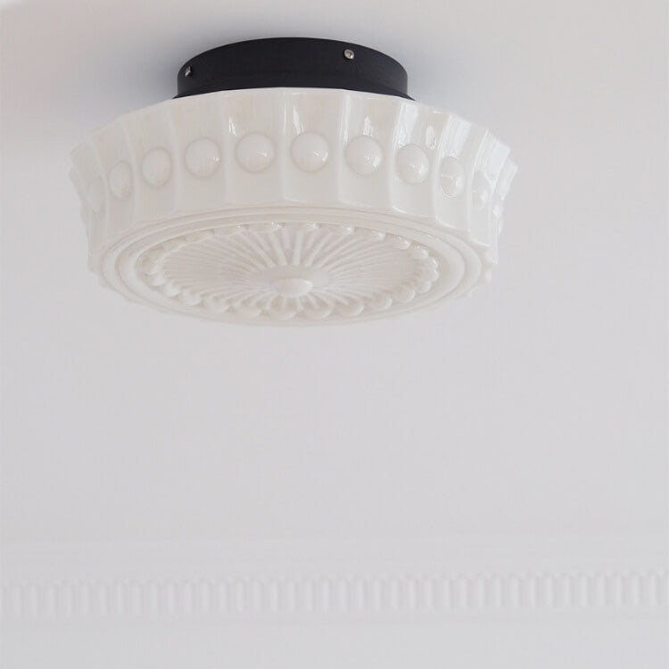 Traditional French Iron Glass Stripes Round Drum LED Semi-Flush Mount Ceiling Light For Living Room & Bedroom