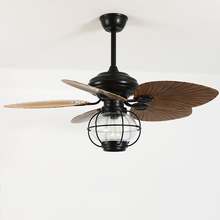 Traditional Rustic Lantern Banana Shaped Fan Leaf Iron Glass 1-Light Downrods Ceiling Fan Light For Living Room