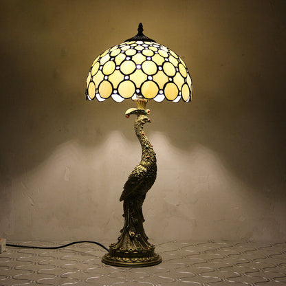 Traditional Tiffany Peacock Gem Dome Glass Resin 1-Light Table Lamp For Living Room & Bedroom