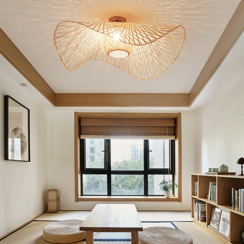 Traditional Japanese Weaving Bamboo 1-Light Semi-Flush Mount Ceiling Light For Bedroom