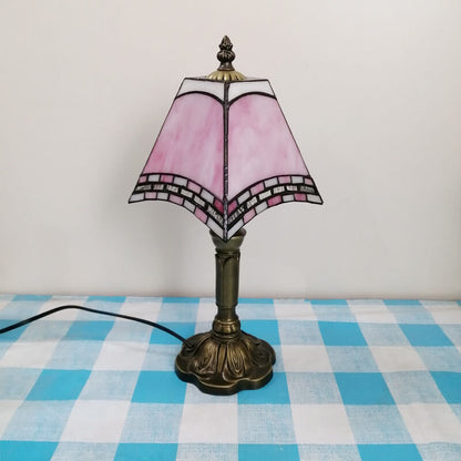 Traditional Tiffany Square Stained Glass Iron 1-Light Table Lamp For Bedroom