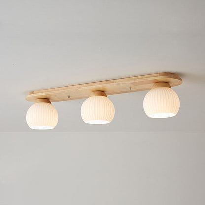 Traditional Japanese Striped Glass Wood Long Plate 2/3 Light Flush Mount Ceiling Light