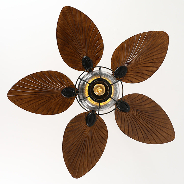 Traditional Rustic Lantern Banana Shaped Fan Leaf Iron Glass 1-Light Downrods Ceiling Fan Light For Living Room