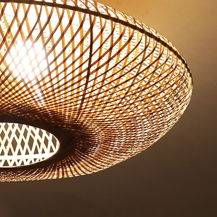 Traditional Japanese Round Bamboo Weaving Flying Saucer 3-Light Semi-Flush Mount Light For Bedroom