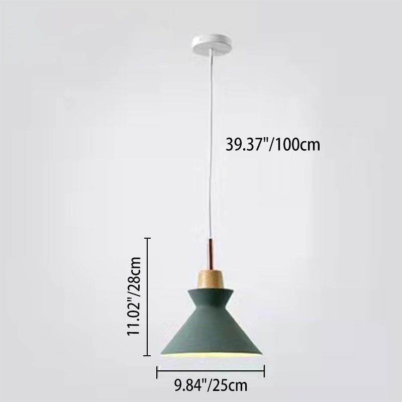 Contemporary Nordic Oak Wood Iron Bell Cone Dome 1-Light Pendant Light For Living Room