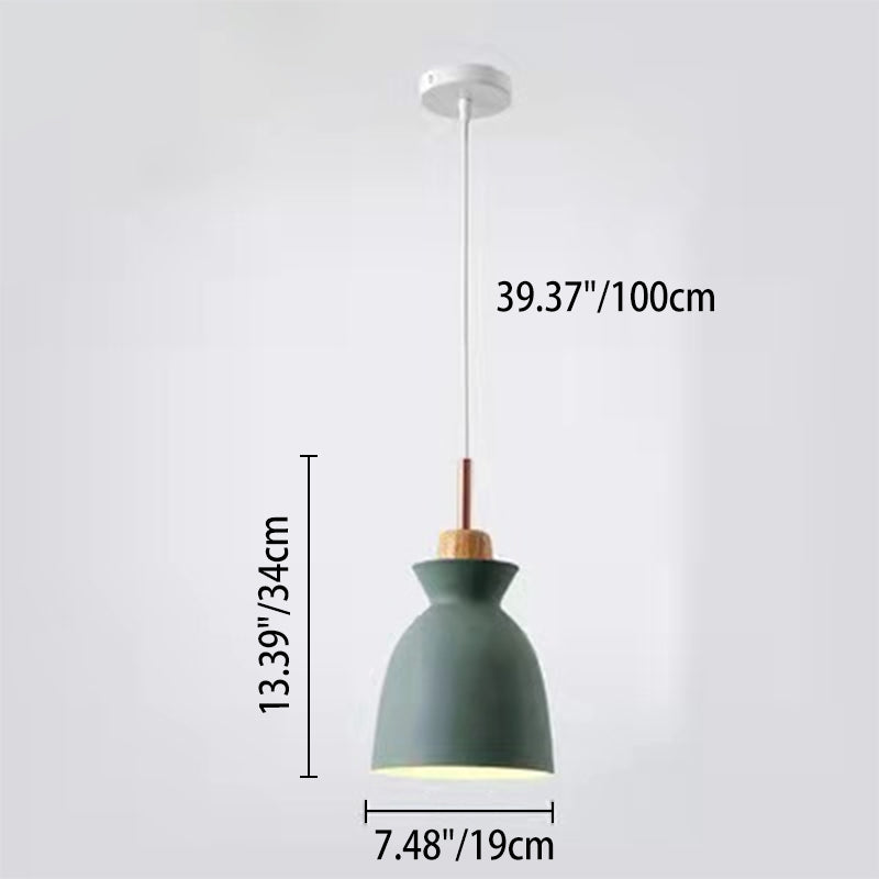 Contemporary Nordic Oak Wood Iron Bell Cone Dome 1-Light Pendant Light For Living Room