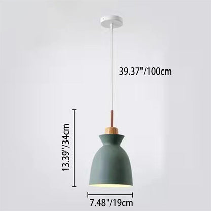 Contemporary Nordic Oak Wood Iron Bell Cone Dome 1-Light Pendant Light For Living Room