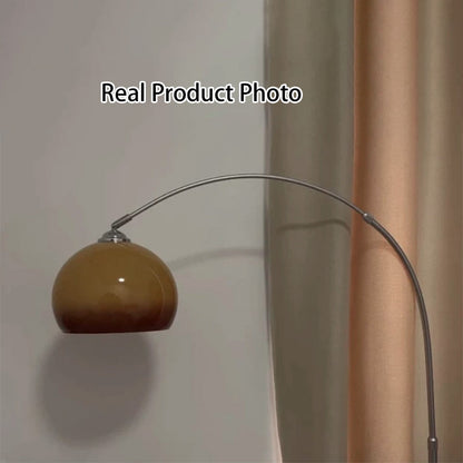 Contemporary Scandinavian Glass Round Shade Fishing Rod Iron 1-Light Standing Floor Lamp For Living Room
