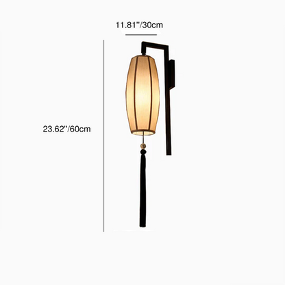 Traditional Chinese Painted Fabric Lantern Tassel 1-Light Wall Sconce Lamp For Hallway