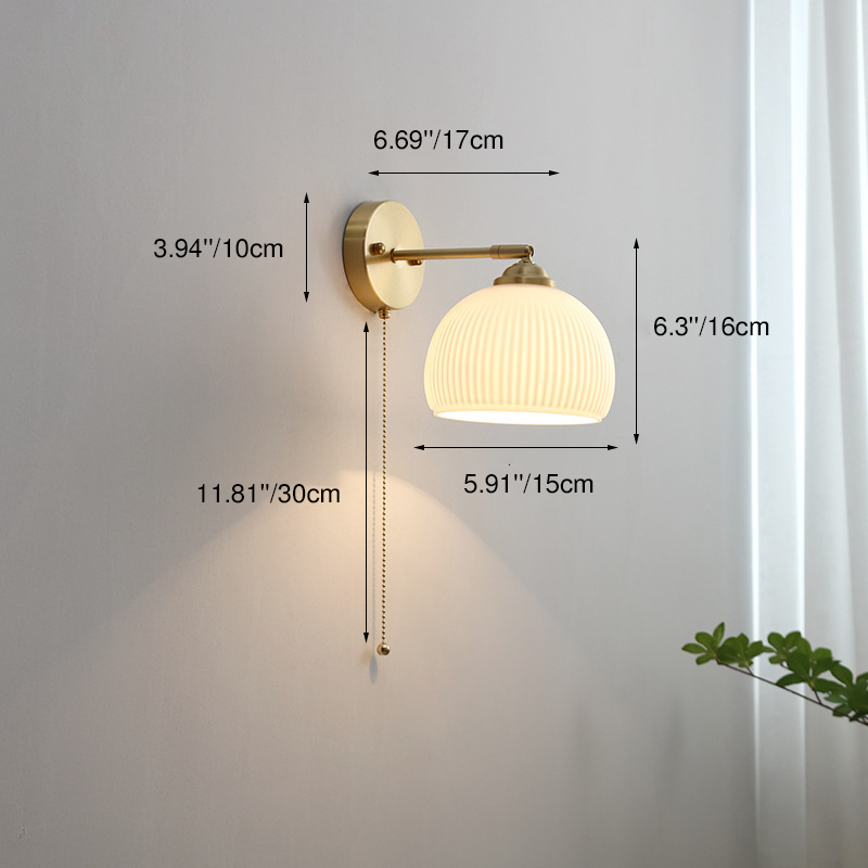 Contemporary Nordic Striped White Glass Brass 1-Light Pull Cord Wall Sconce Lamp For Bedroom