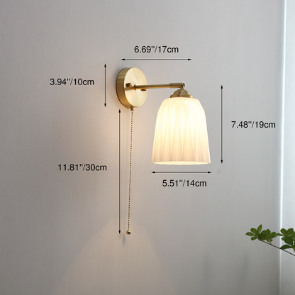 Contemporary Nordic Striped White Glass Brass 1-Light Pull Cord Wall Sconce Lamp For Bedroom