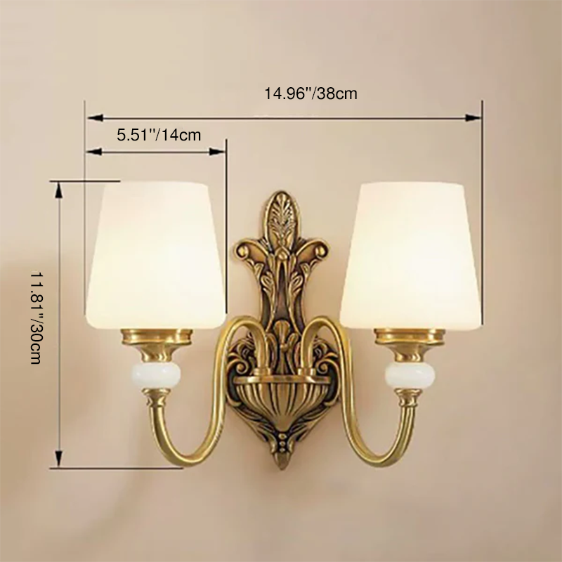 Traditional European Jade Glass Brass Cone Cup Shade 1/2 Light Wall Sconce Lamp For Bedroom
