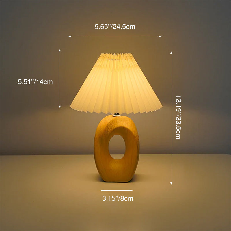 Traditional Japanese Pleated Fabric Shade Wood Grain Ceramic Base USB LED Table Lamp For Bedside